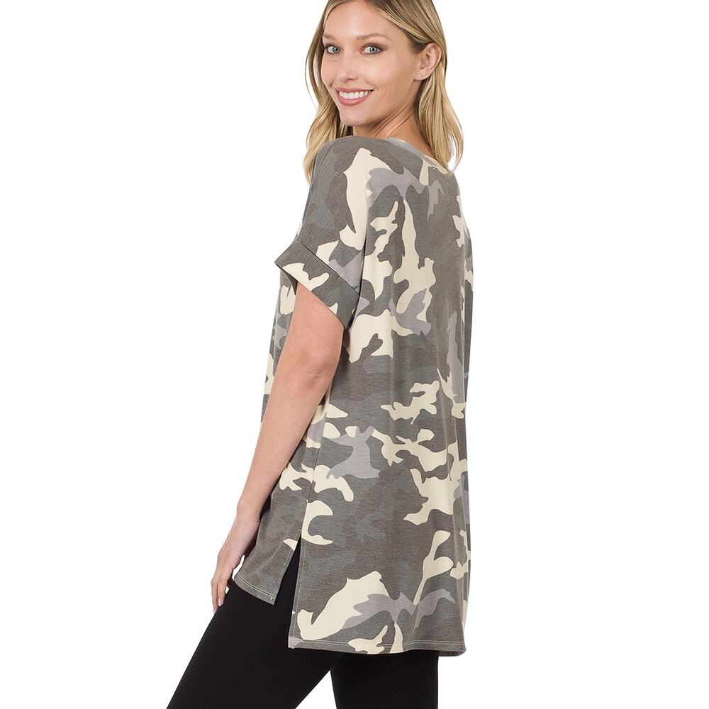 ZENANA CAMO GRAY V-NECK TOP & DRAWSTRING SHORTS SET - Picture 8 of 10